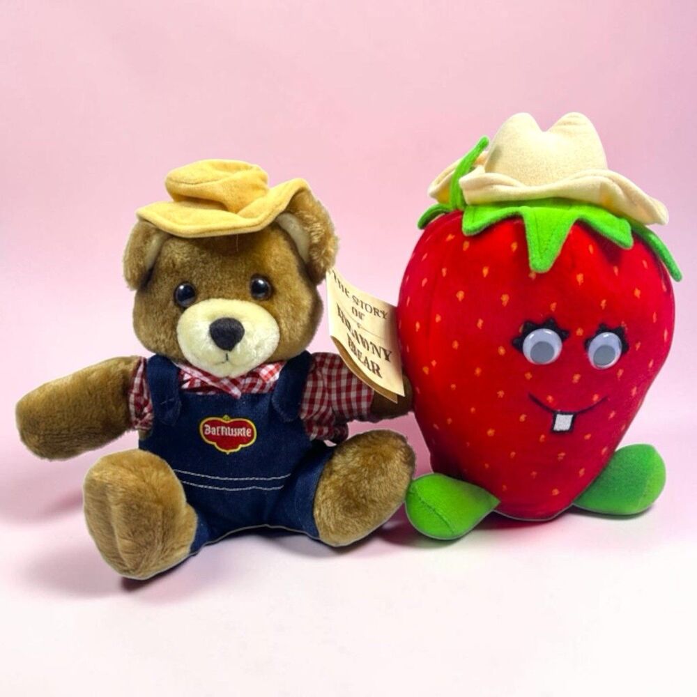 Lot of 2  Vintage 1980s Del‎ Monte Country Strawberry Plush & Brawny Bear Plush
